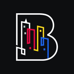 B logo lettering with building shape with dark background