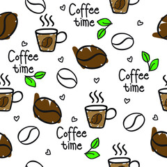 seamless pattern coffee time lettering with glass and coffee beans