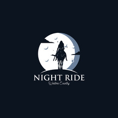 Female Woman Cowboy Riding Horse Silhouette at Night