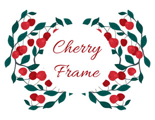 Natural frame with cherries on branches and foliage and place for text. Border with berries on bushes and copy space. Vector flat hand drawn template with branches and fruits for cards and invitations