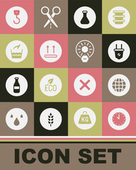 Set Clock, Social network, Electric plug, Test tube and flask, Temperature wash, Hand laundry, Industrial hook and No direct sunlight icon. Vector