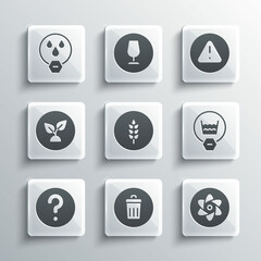 Set Trash can, Test tube and flask, Delicate wash, Wheat, Unknown search, Plant based, Water drop forbidden and Exclamation mark in triangle icon. Vector