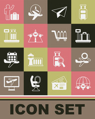 Set Globe with flying plane, Airplane search, Scale suitcase, Paper airplane, Plane, Tourist and Trolley baggage icon. Vector