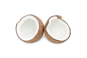 Two fresh sliced coconuts on an isolated white background