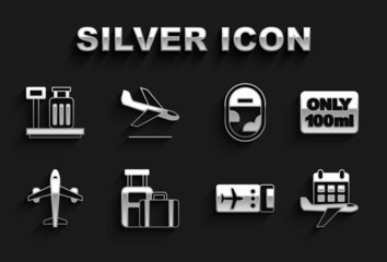 Set Suitcase, Liquids in carry-on baggage, Calendar and airplane, Airline ticket, Plane, Airplane window, Scale with suitcase and landing icon. Vector