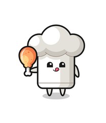 chef hat cute mascot is eating a fried chicken