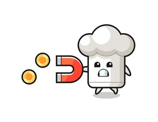 the character of chef hat hold a magnet to catch the gold coins