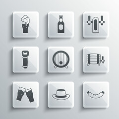 Set Oktoberfest hat, Sausage, Wooden barrel, Glass of beer, Bottle opener, and Beer tap icon. Vector