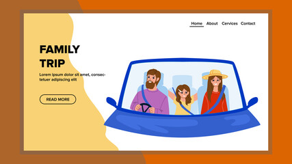 Family Trip Enjoying Parents And Child Vector. Father, Mother And Daughter Resting Family Trip In Car. Characters Traveling Together On Vacation Adventure Web Flat Cartoon Illustration