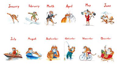 A set of 12 cartoon Chinese tiger athletes with inscriptions of the months of the year on an isolated white background in watercolor and colored pencils. Print. Calendar. Postcard.