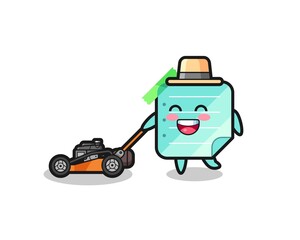 illustration of the blue sticky notes character using lawn mower
