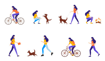 Fototapeta na wymiar Young woman doing different outdoor activities: running, cycling, rollerblading, walking with dog, traveling. Active and healthy lifestyle concept. illustration in flat style. 