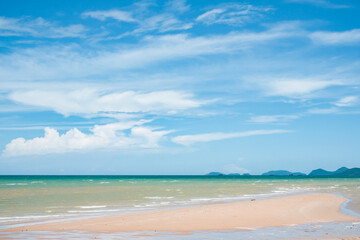 Beautiful nature view sand and sea with bright blue sky, summer weather on holiday