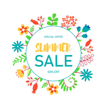 Summer sale poster design. Cute background picture with bright flowers.