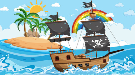 Naklejka premium Ocean with Pirate ship at day time scene in cartoon style