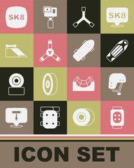 Set Knee pads, Skateboard helmet, deck, Y-tool, park, and icon. Vector