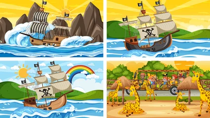 Fototapeten Set of different scenes with pirate ship at the sea and animals in the zoo © brgfx