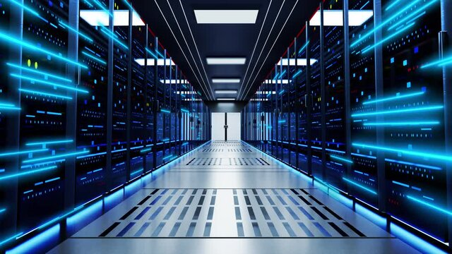 Camera Moving Through Rack Servers in Data Center. Big Data Storage. Modern Internet Network Cloud computing Big Data storage. Internet Server loop in 4K. Networking Digital Social Connection