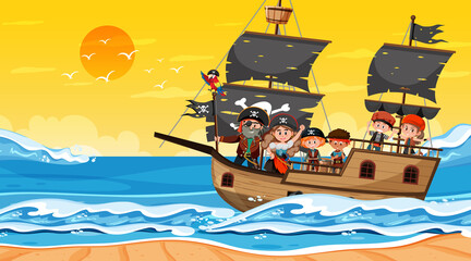 Ocean scene at sunset time with Pirate kids on the ship
