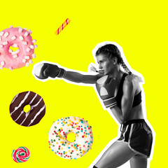 Fit young woman fighting off bad food, glaze cakes on color background. Female boxing with sweet donuts. Healthy eating concept.