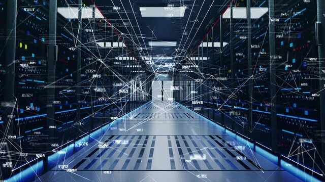 Digital Data Flow Through Rack Servers tunnel in Data Center Loop Animation. Cyber Security, data storage, database information analizing. Cloud Network Future Technology Server Room.