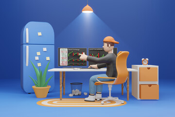 3D cartoon character Young business man working at home with computer and papers on desk - 3D rendering