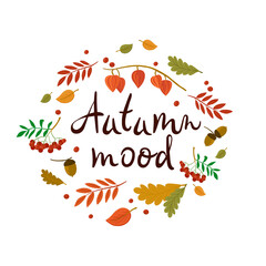 Vector hand drawn lettering of autumn mood with leaves, rowan, acorns for print, decor, textiles. Welcome to the autumn banner.
