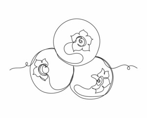 Continuous one line drawing of three blueberries in silhouette on a white background. Linear stylized.Minimalist.