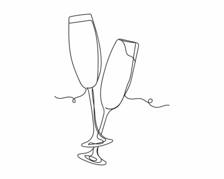 Continuous one line drawing of two glasses with sparkling wine in silhouette on a white background. Linear stylized.Minimalist.