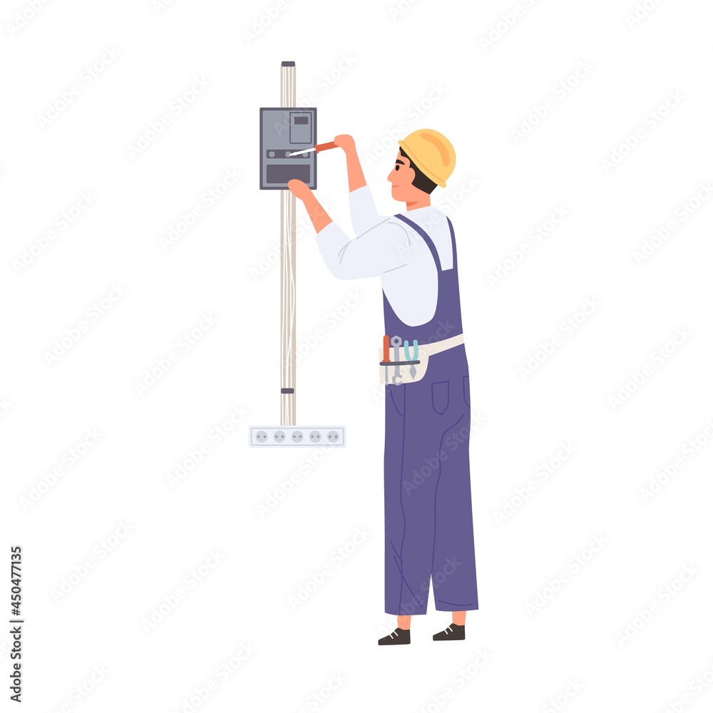 Poster electrician working with electricity and switchboard, repairing and fixing electrical wiring system.