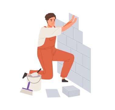 Repair worker laying ceramic wall tile. Professional tiler in uniform working. Repairman in overalls tiling at home. Colored flat vector illustration of workman isolated on white background