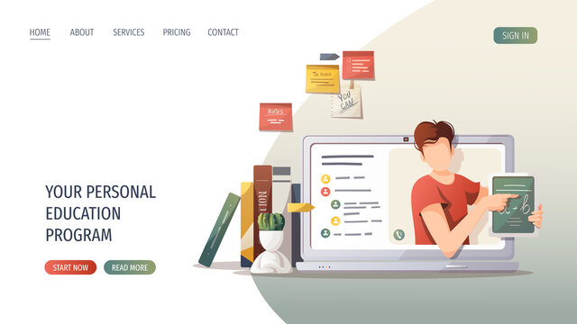 Laptop with teacher on the screen, houseplant, books. Studying, Online training, distance education, e-learning, tutorials and courses.  Vector illustration for poster, banner, website.