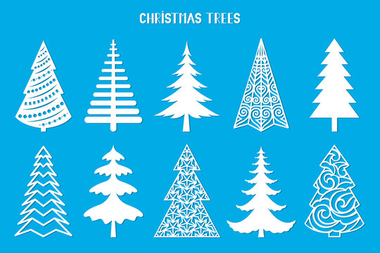 Christmas tree silhouette. Vector set template for laser, paper cutting. Decorative ornate illustration. Trees for cards, flyers, print. Modern design for winter holidays. Home decoration.