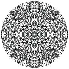 vases with flowers and ornaments forming a mandala drawn for coloring on a white background, vector