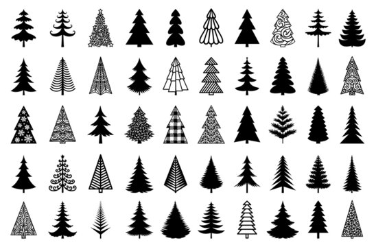 Christmas tree black silhouette. Vector set template for laser, paper cutting. Decorative ornate illustration. Trees for cards, flyers, print. Modern design for winter holidays. Home decoration.