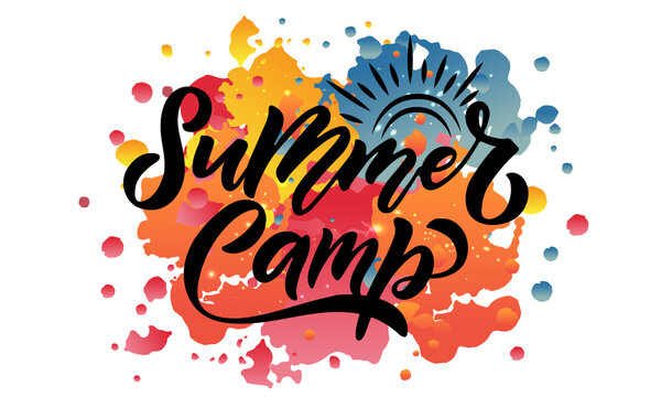 Hand sketched summer camp lettering typography. Concept for hiking camp, camping, night fishing camp, summer camp. Camping logotype, badge, icon. Camping logo, banner, flyer 