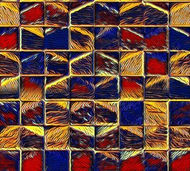 dark blue red and yellow gold contour lines making unique geometric design triangles and squared patterns