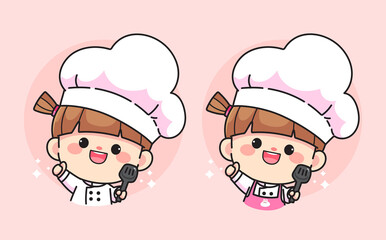 Cute Chef girl smiling holding Spatula logo hand drawn cartoon art illustration