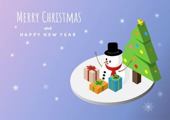Isometric illustration snowman and Christmas gifts