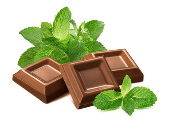 Fresh mint leaves and chocolate pieces isolated on white background