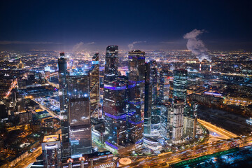 Fototapeta premium Aerial of Moscow International Business Center at night