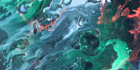 Futurism. Contemporary wallpaper design or backdrop for device with waves, spalshes of red, dark green and blue colours.