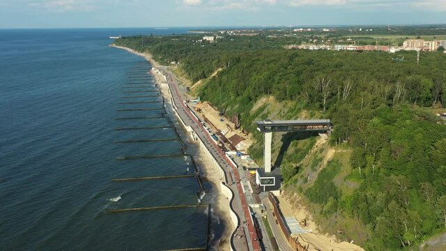 Promenade lockated on embankment in Svetlogorsk, Kaliningrad Region. Aerial view from drone