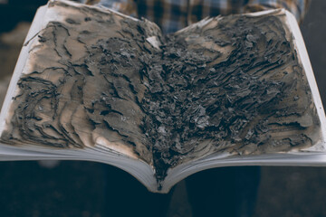 Burnt book in focus.