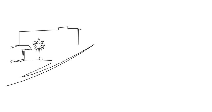 Self drawing animation of Modern urban scene. City architecture panoramic landscape continuous one line drawing. Street hand drawn silhouette. Apartment buildings minimalistic