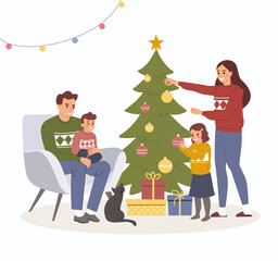 Christmas interior. Family near christmas tree and decorating. Vector flat style cartoon illustration