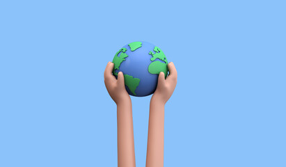 Cartoon style hand holding a planet earth. Earth day concept. 3D Render