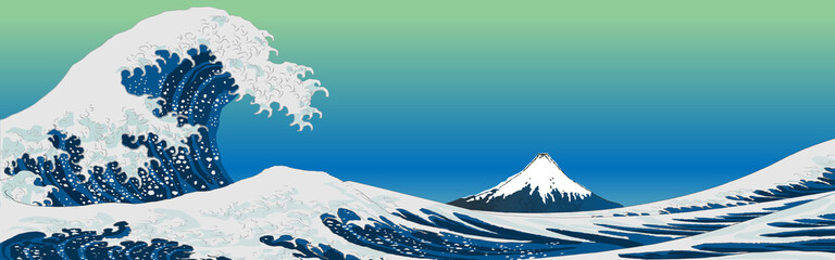 Big wave. Ukiyo-e style, Ukiyoe (Japanese woodblock prints), sea, wave, Mt.fuji, vector illustration, copy space, Katsushika Hokusai, landscape, web header, banner, background, mountain