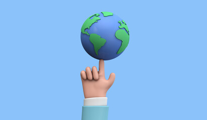 Cartoon style hand holding a planet earth. Earth day concept. 3D Render