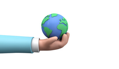 Cartoon style hand holding a planet earth. Earth day concept. 3D Render